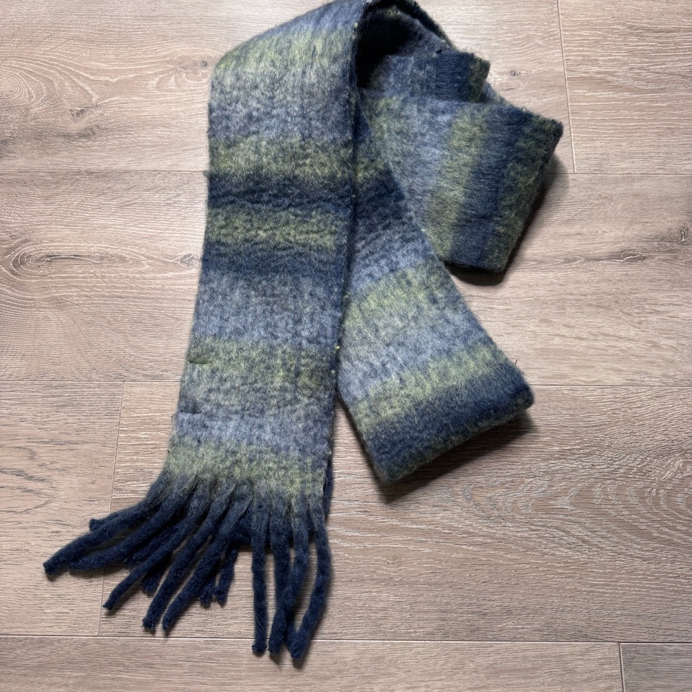 Free People Blue Green Ombre Striped Brushed Knit Tassel Fringe Scarf Boho